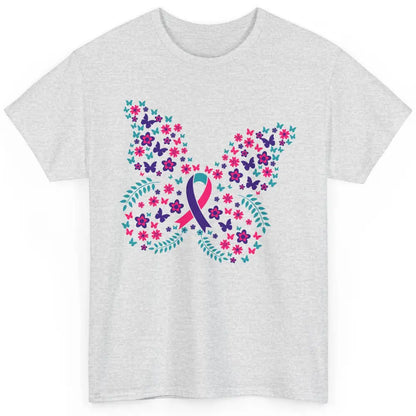 Floral Butterfly Teal Pink Warrior Thyroid Cancer Awareness Classic Unisex T-Shirt