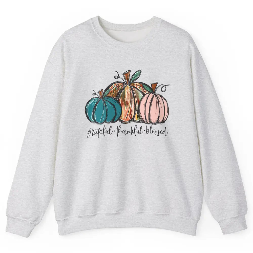 Grateful Thankful Blessed Doodle Pumpkin Fall Thanksgiving Unisex Crewneck Sweatshirt