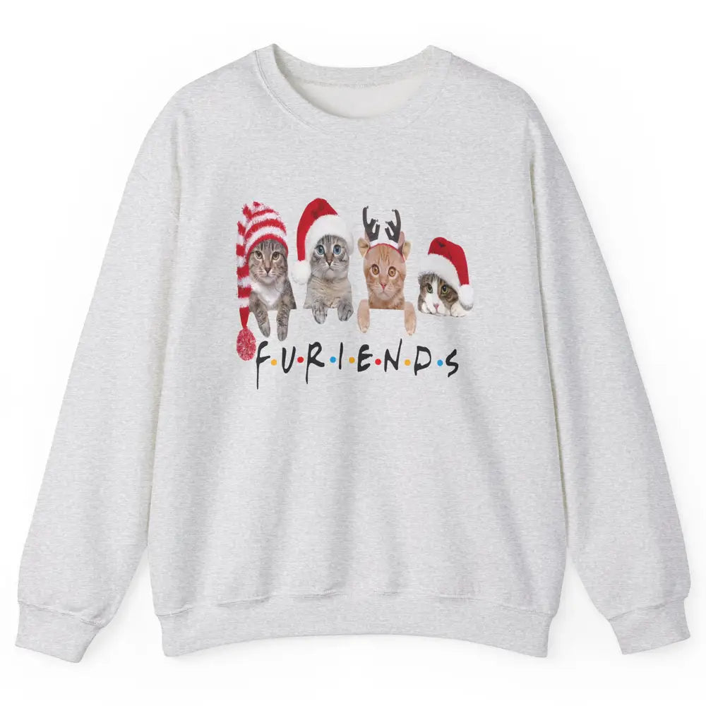 Funny Cat Furiends Merry Christmas Hat Santa Cat Lovers Gift Unisex Crewneck Sweatshirt