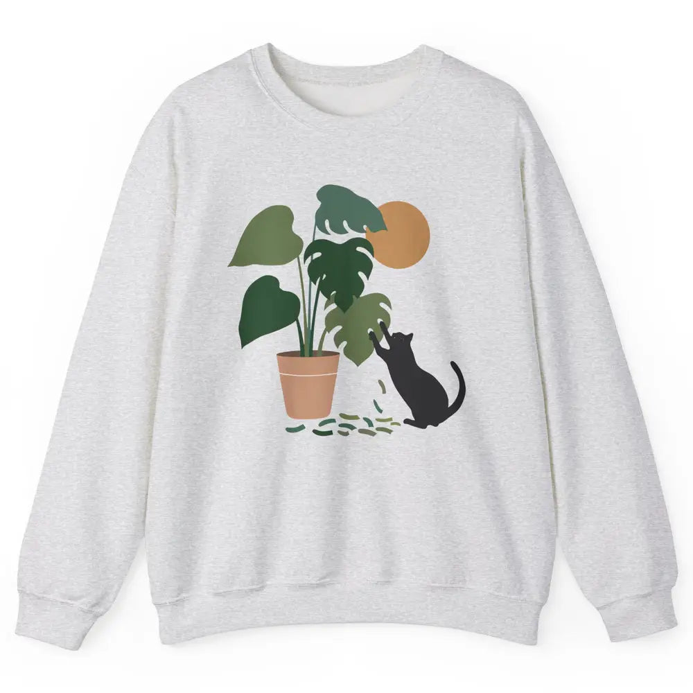 Black Cat And Plant The Making Of Monstera Garden Cat Lovers Unisex Crewneck Sweatshirt