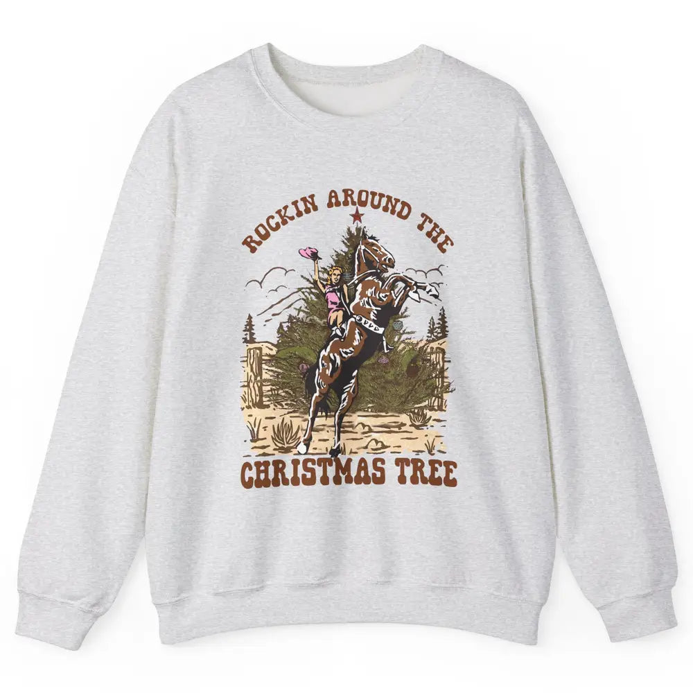 Funny Cowgirl Horsing Rocking Around Christmas Tree Western Unisex Crewneck Sweatshirt