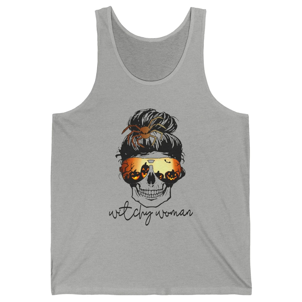 Witchy Woman Messy Bun Hair Skull Halloween Pumpkin Costume Unisex Jersey Tank