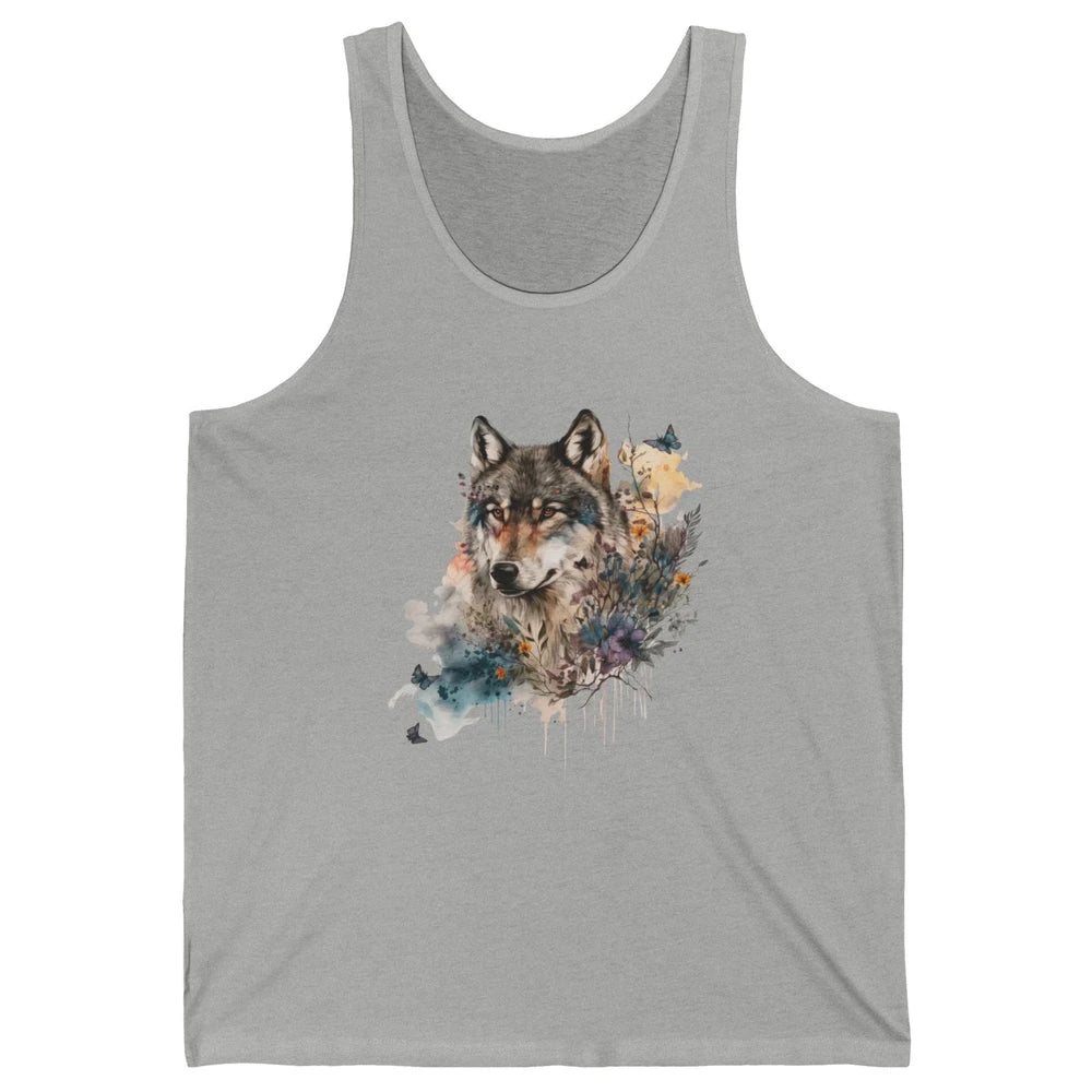 Watercolor Wolf Face Howl Butterfly Wolves Wild Animal Retro Unisex Jersey Tank