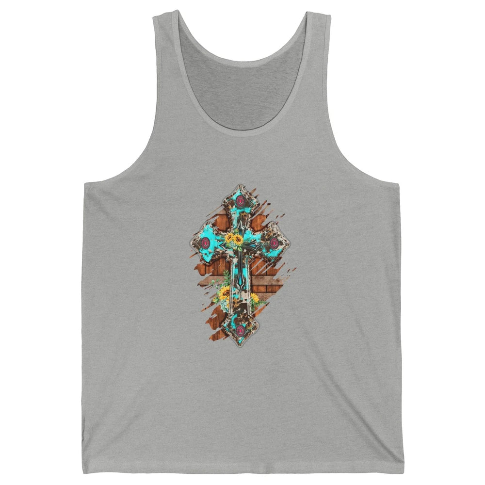 Western Country Boho Christian Turquoise Leopard Faith Cross Unisex Jersey Tank