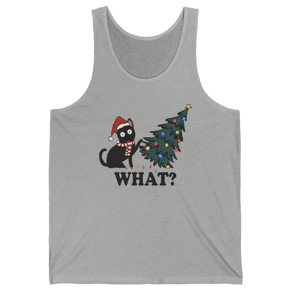 Funny Black Cat Pushing Christmas Tree What? Christmas Cat Unisex Jersey Tank