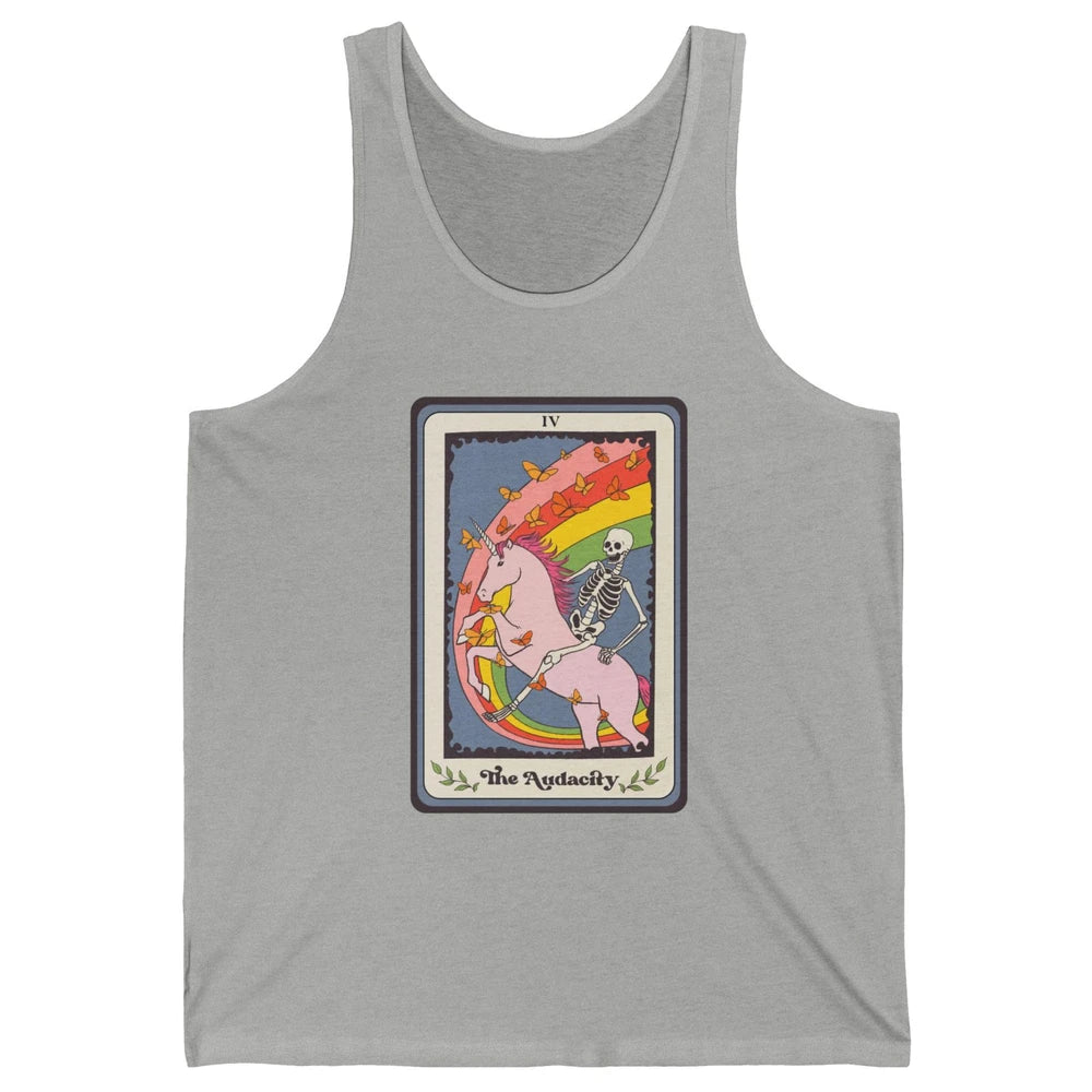 Retro Skeleton Rides Unicorn The Audacity Tarot Card Rainbow Unisex Jersey Tank