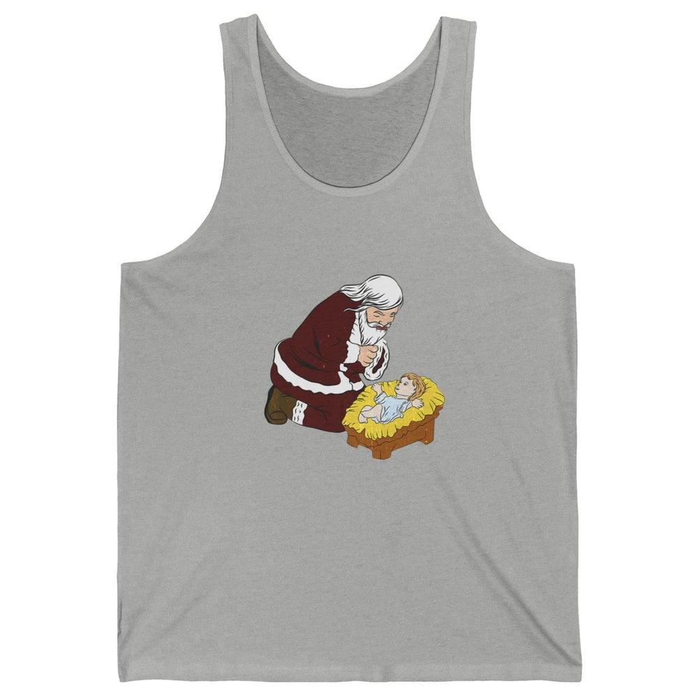 Merry Christmas Kneeling Santa Claus With Baby Jesus Xmas Unisex Jersey Tank