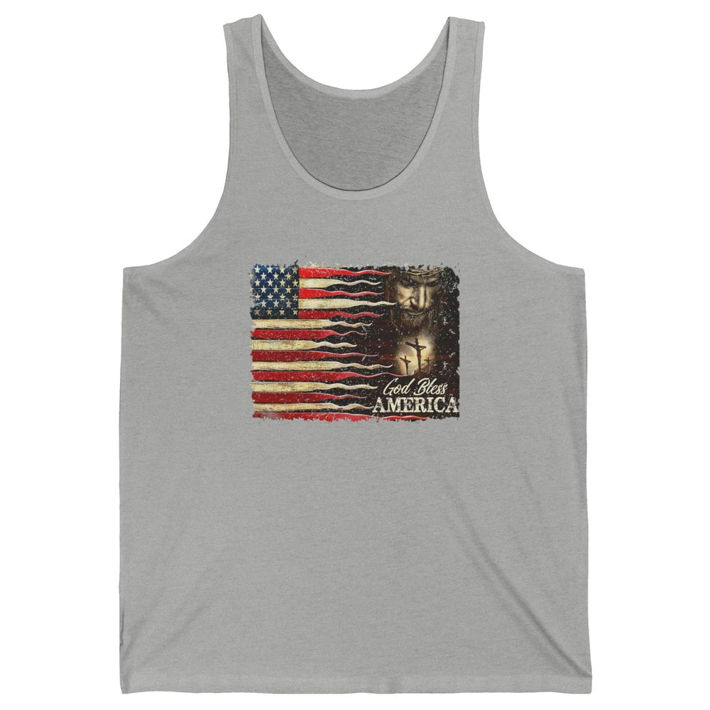 Retro US Flag Jesus Cross God Bless America Patriot July 4th Unisex Jersey Tank