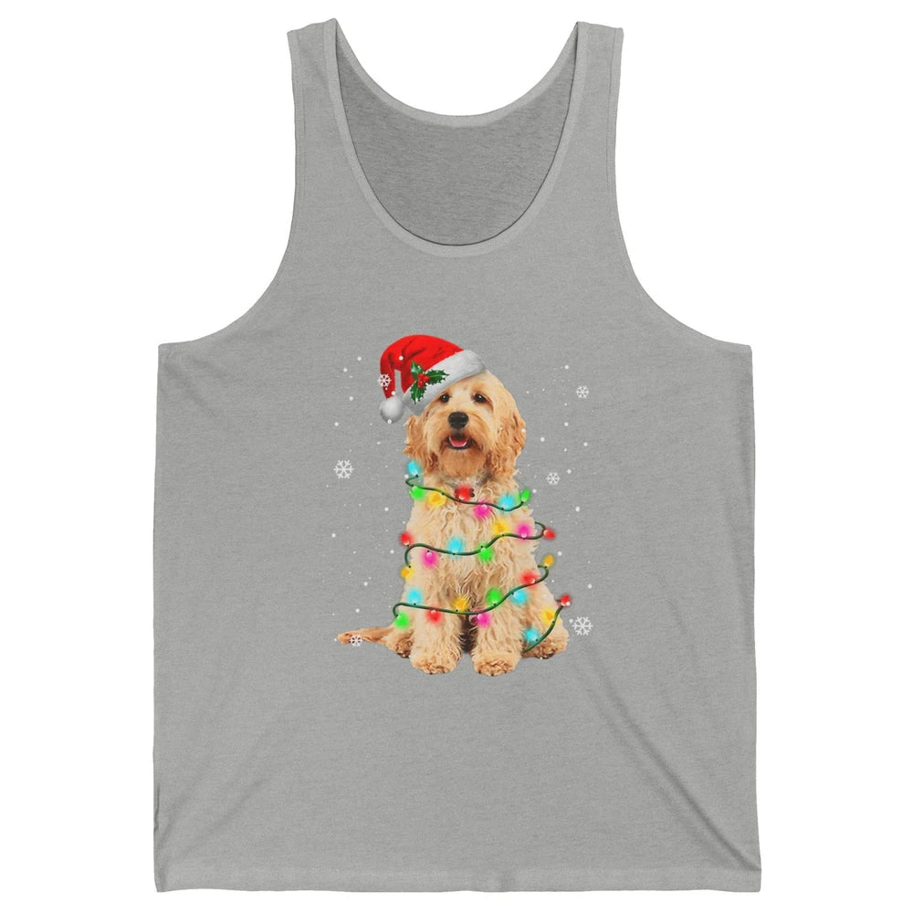 Merry Christmas Golden Doodle Dog Santa Hat Xmas Tree Lights Unisex Jersey Tank