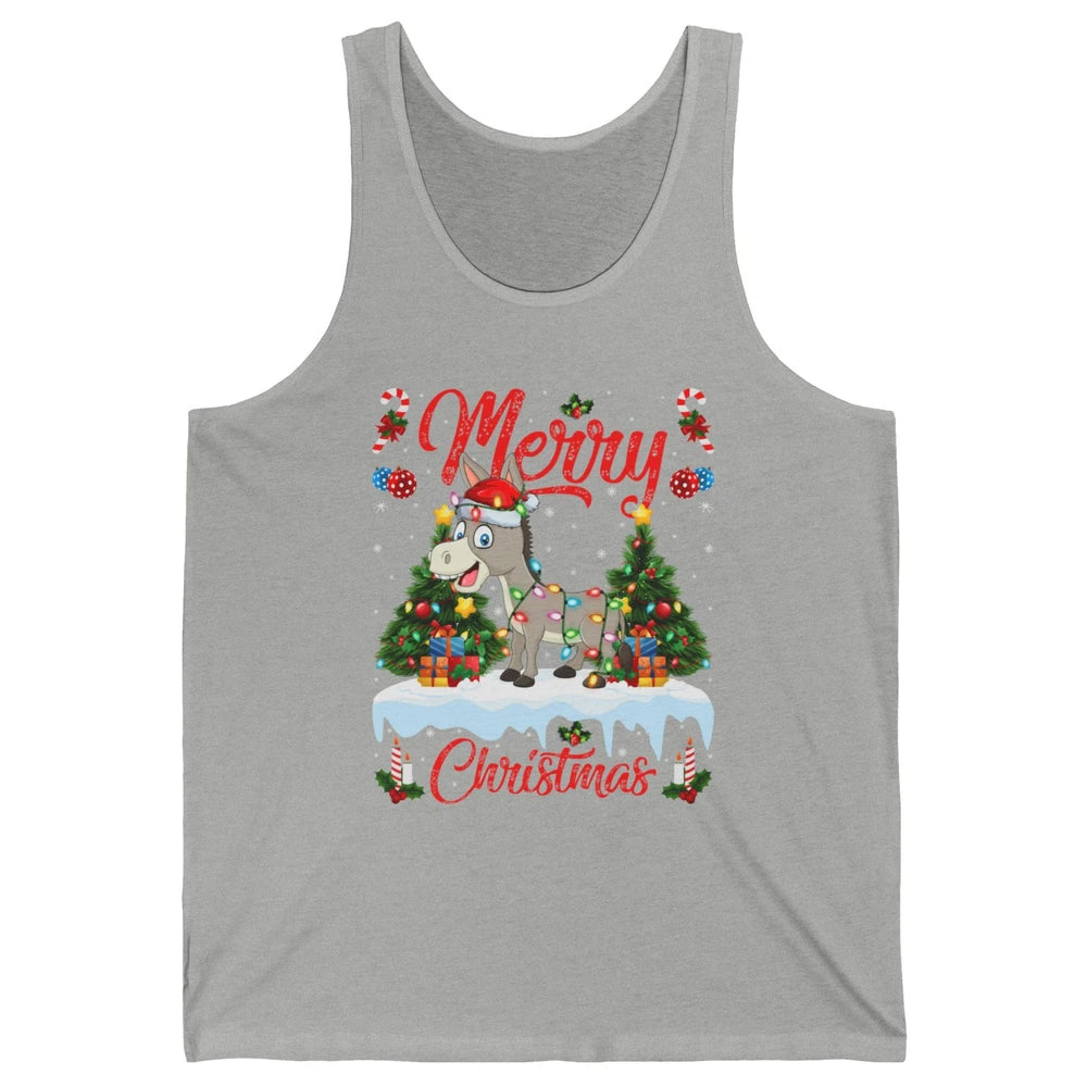 Merry Christmas Donkey Santa Claus Hat Xmas Tree Lights Snow Unisex Jersey Tank