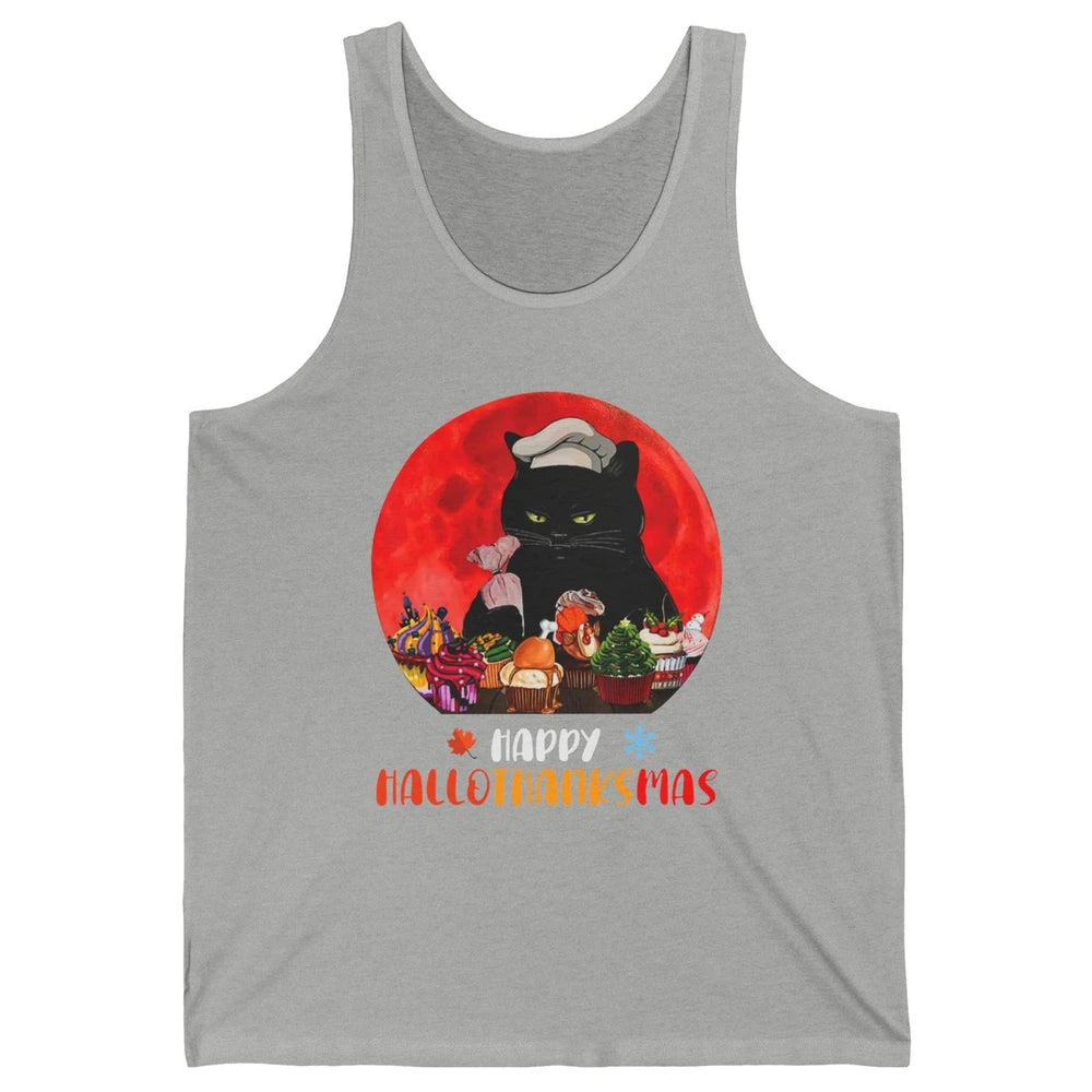 Black Cat Happy Hallothanksmas Baker Cat Halloween Christmas Unisex Jersey Tank