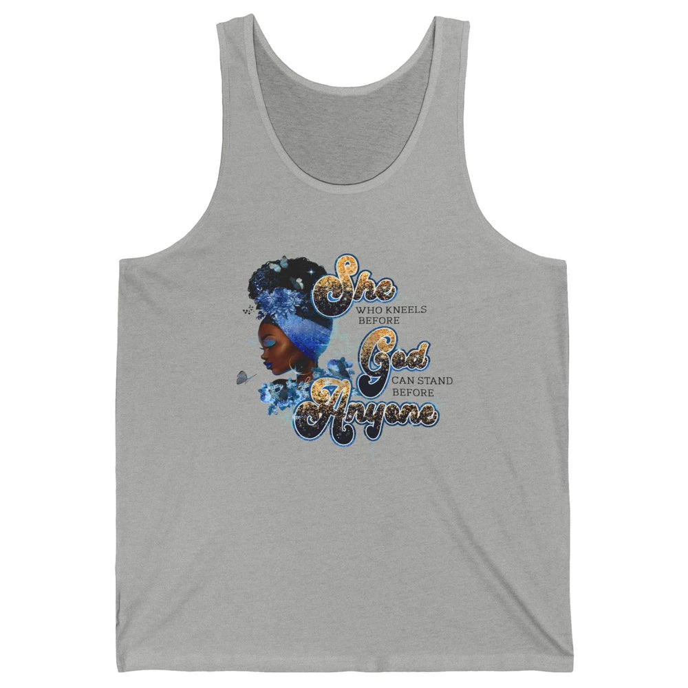 Black Woman She Who Kneels Before God Can Stand Christian Unisex Jersey Tank