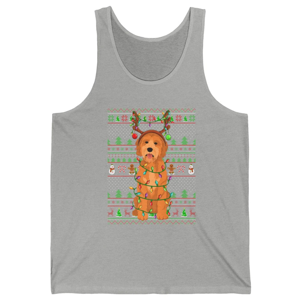 Merry Christmas Golden Doodle Dog Reindeer Xmas Lights Ugly Unisex Jersey Tank