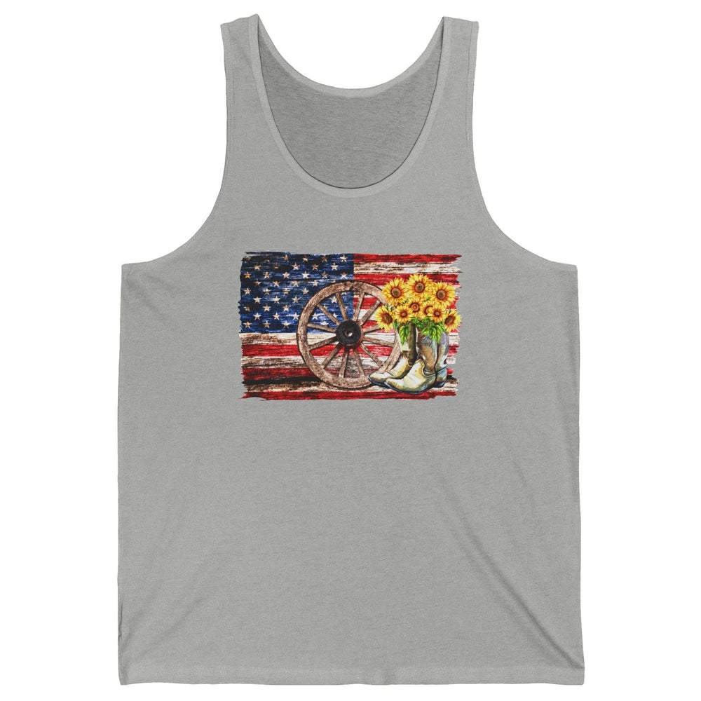 Retro US Flag Sunflower Cowgirl Boots Texas Cowboy Western Unisex Jersey Tank