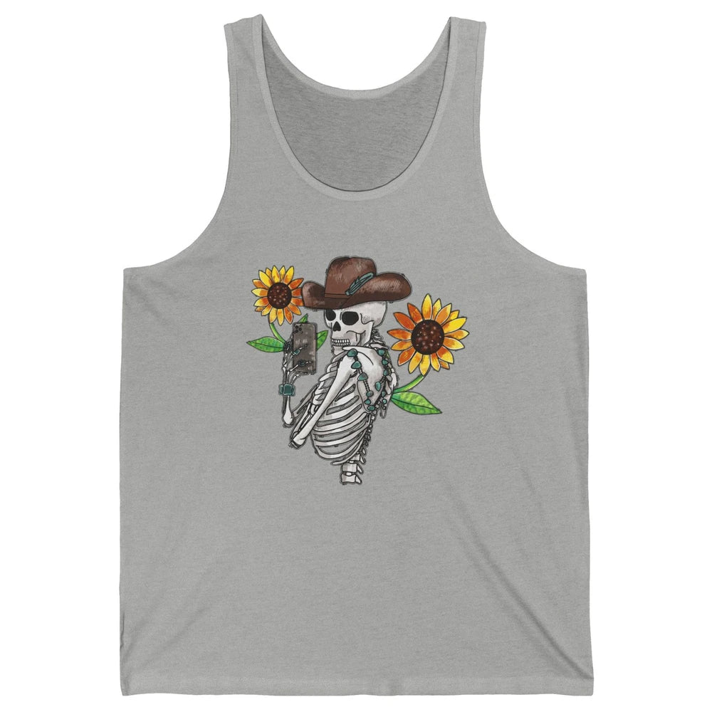 Western Cowboy Hat Skeleton Sunflower Funny Skeleton Selfie Unisex Jersey Tank