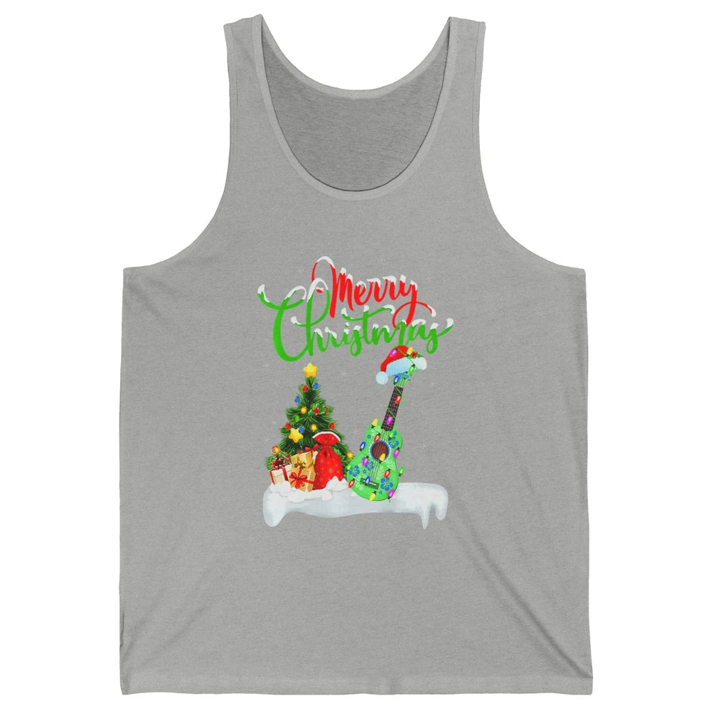 Merry Christmas Funny Ukulele Xmas Lights Santa Hat Music Unisex Jersey Tank