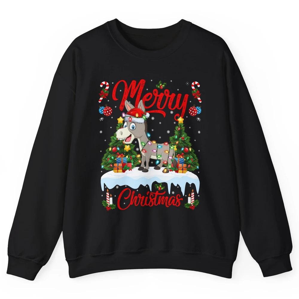 Merry Christmas Donkey Santa Claus Hat Xmas Tree Lights Snow Unisex Crewneck Sweatshirt