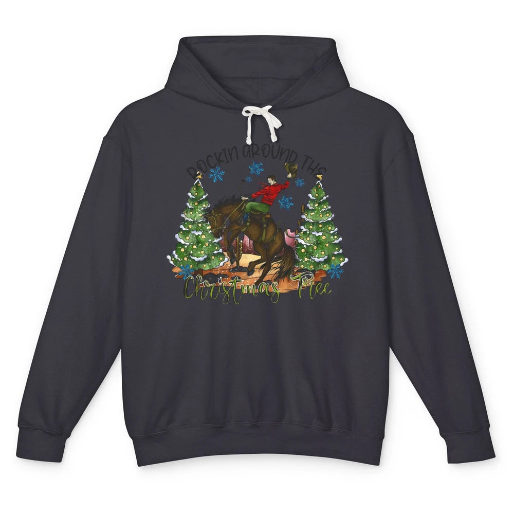 Funny Cowboy Horsing Rocking Around Christmas Tree Western Unisex Lightweight Hoodie