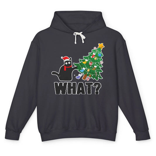 Black Cat Pushing Christmas Tree What Xmas Lights Santa Hat Unisex Lightweight Hoodie