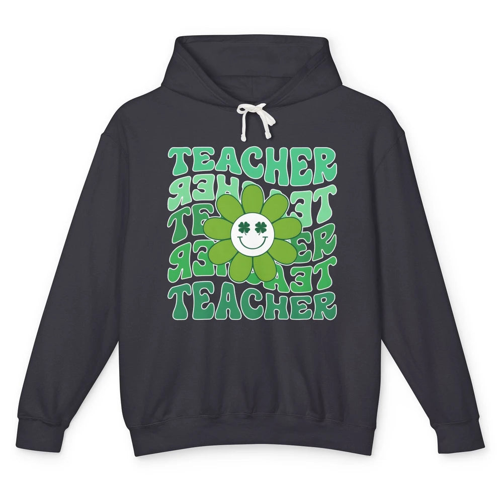 Retro Groovy Wavy Teacher Smiling Face Daisy St Patricks Day Unisex Lightweight Hoodie