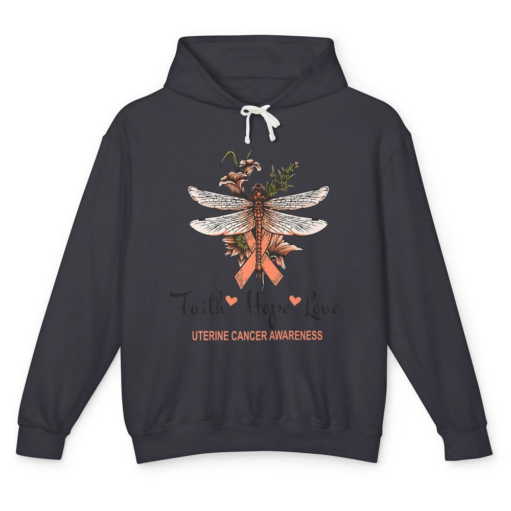 Faith Hope Love Dragonfly Peach Uterine Cancer Awareness Unisex Lightweight Hoodie