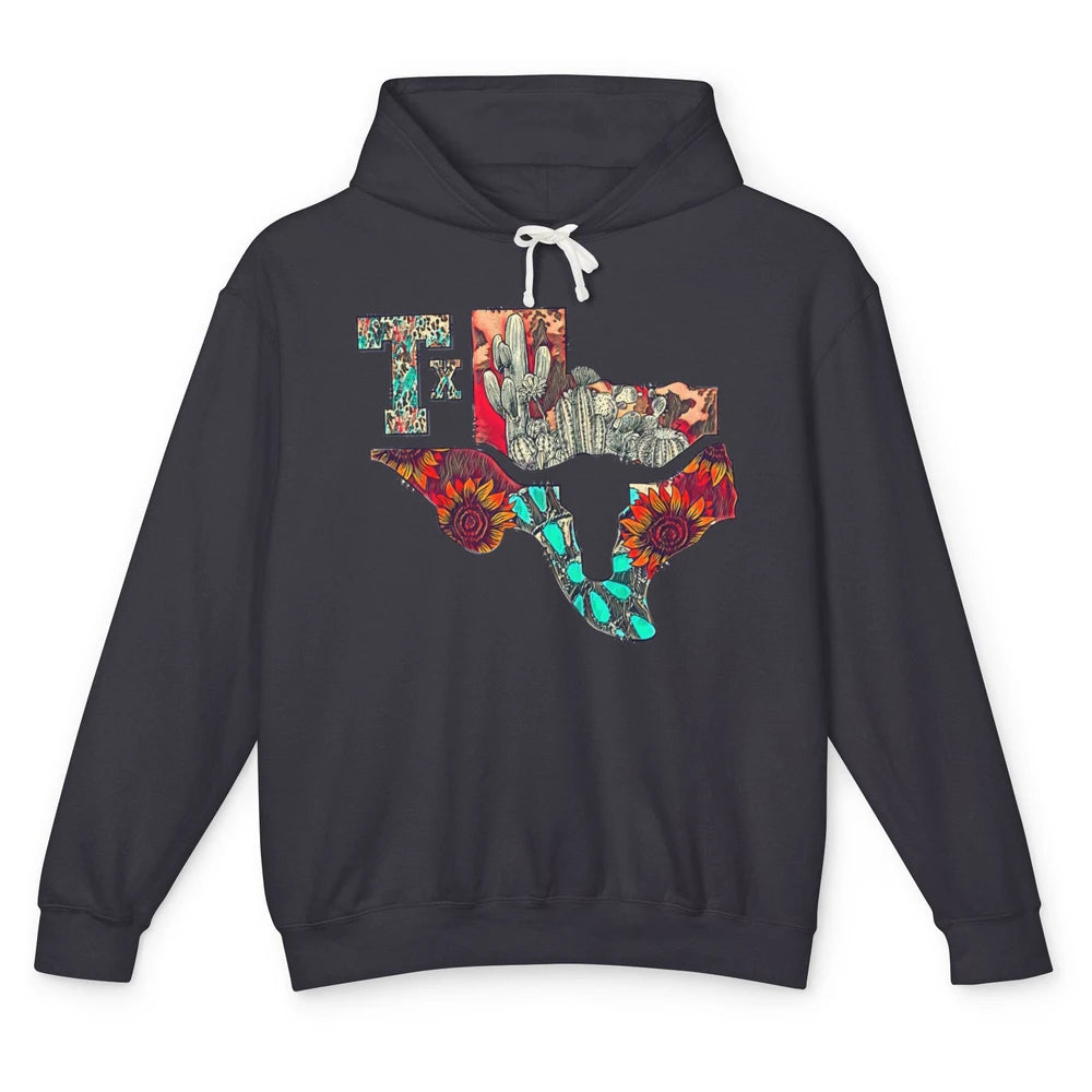 Texas Map Boho Texas State Leopard Western Desert Cactus Unisex Lightweight Hoodie