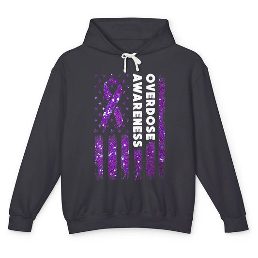 Overdose Awareness US Flag Purple Ribbon Addiction Warrior Unisex Lightweight Hoodie