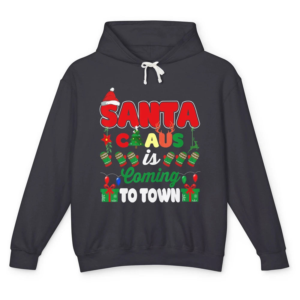 Merry Christmas Santa Claus Coming To Town Retro Xmas Lights Unisex Lightweight Hoodie