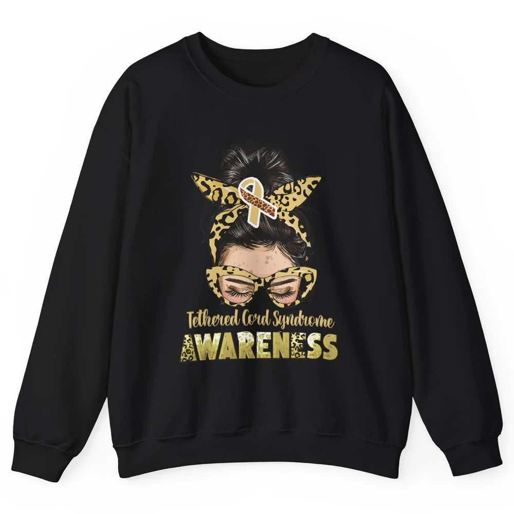 Tethered Cord Syndrome Ribbon Leopard Messy Bun Mom Glasses Unisex Crewneck Sweatshirt