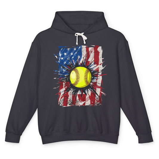 Retro US Flag Softball July 4th Baseball Players Patriotic Unisex Lightweight Hoodie