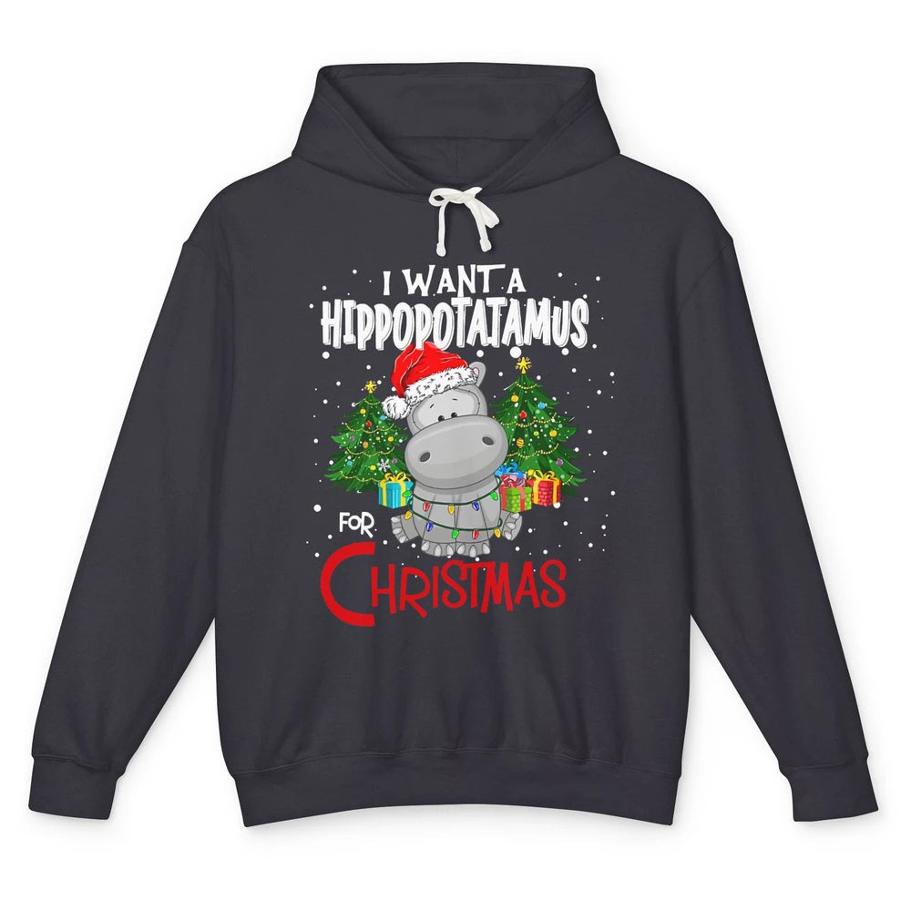 Funny I Want A Hippopotamus For Christmas Tree Hippo Santa Unisex Lightweight Hoodie