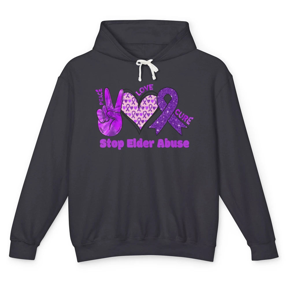 Peace Love Hope Heart Purple Ribbon Elder Abuse Awareness Unisex Lightweight Hoodie