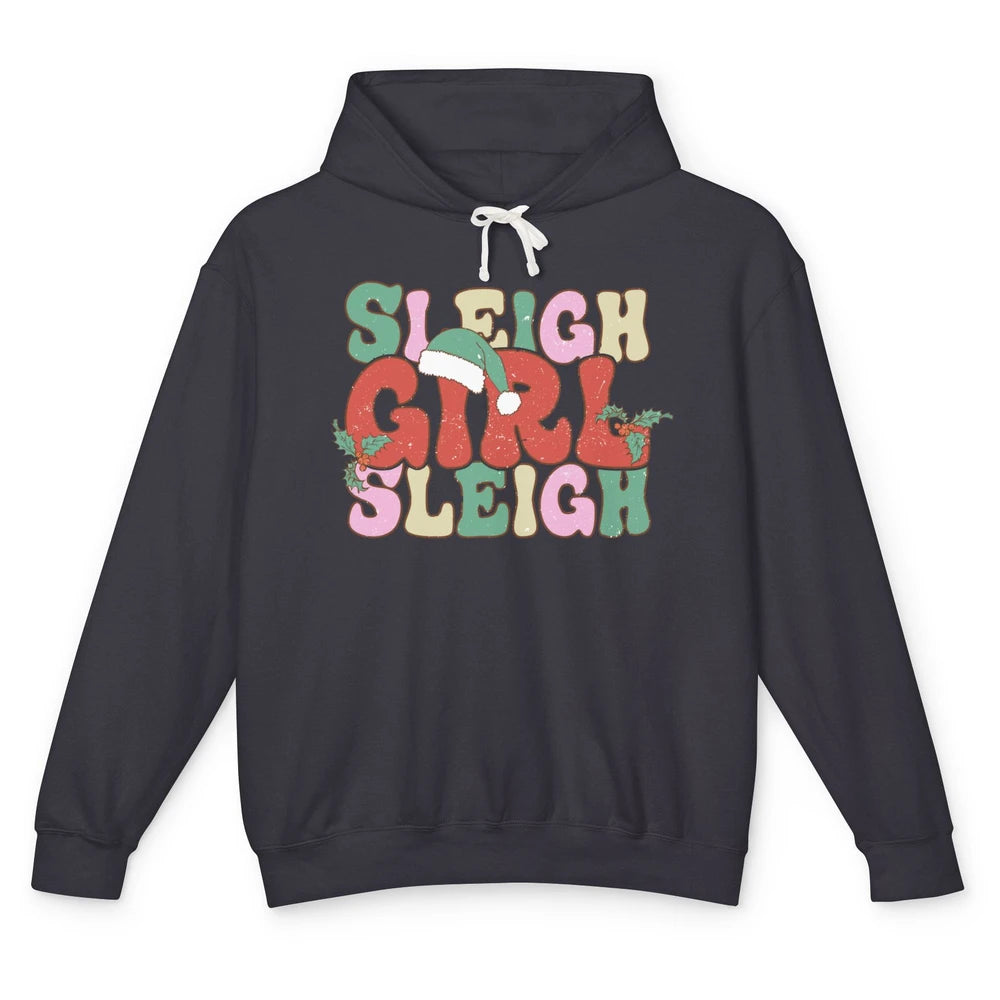 Retro Groovy Christmas Sleigh Girl Sleigh Santa Hat Winter Unisex Lightweight Hoodie