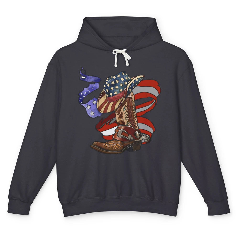 US Flag Cowboy Boots Hat Patriotic Cowboy July 4th Western Unisex Lightweight Hoodie