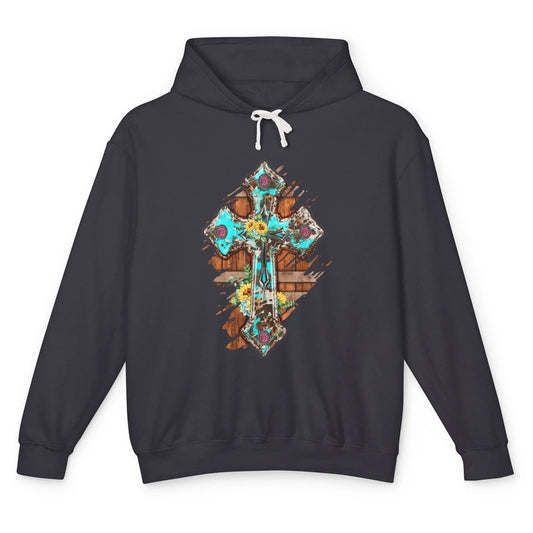 Western Country Boho Christian Turquoise Leopard Faith Cross Unisex Lightweight Hoodie