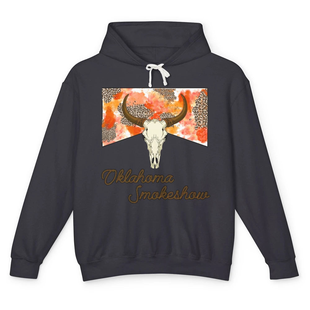 Boho Bull Skull Cow Print Oklahoma Smokeshow Western Country Unisex Lightweight Hoodie