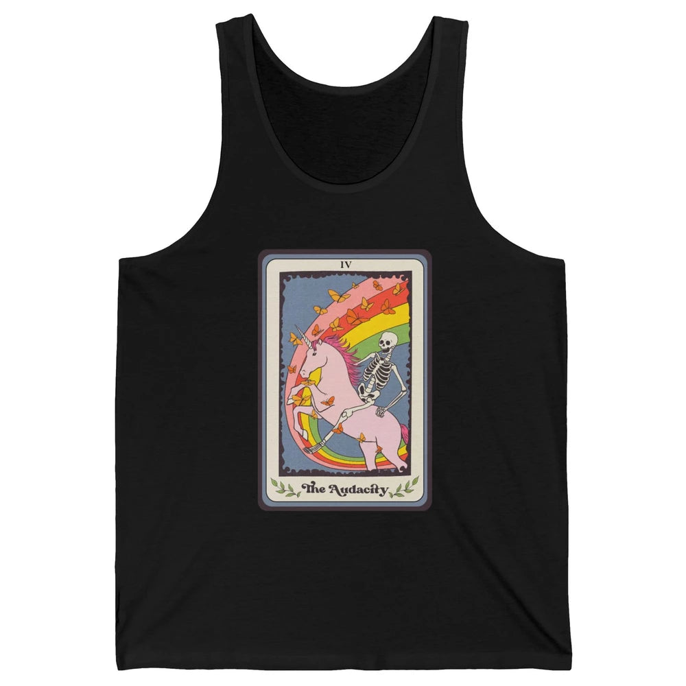 Retro Skeleton Rides Unicorn The Audacity Tarot Card Rainbow Unisex Jersey Tank