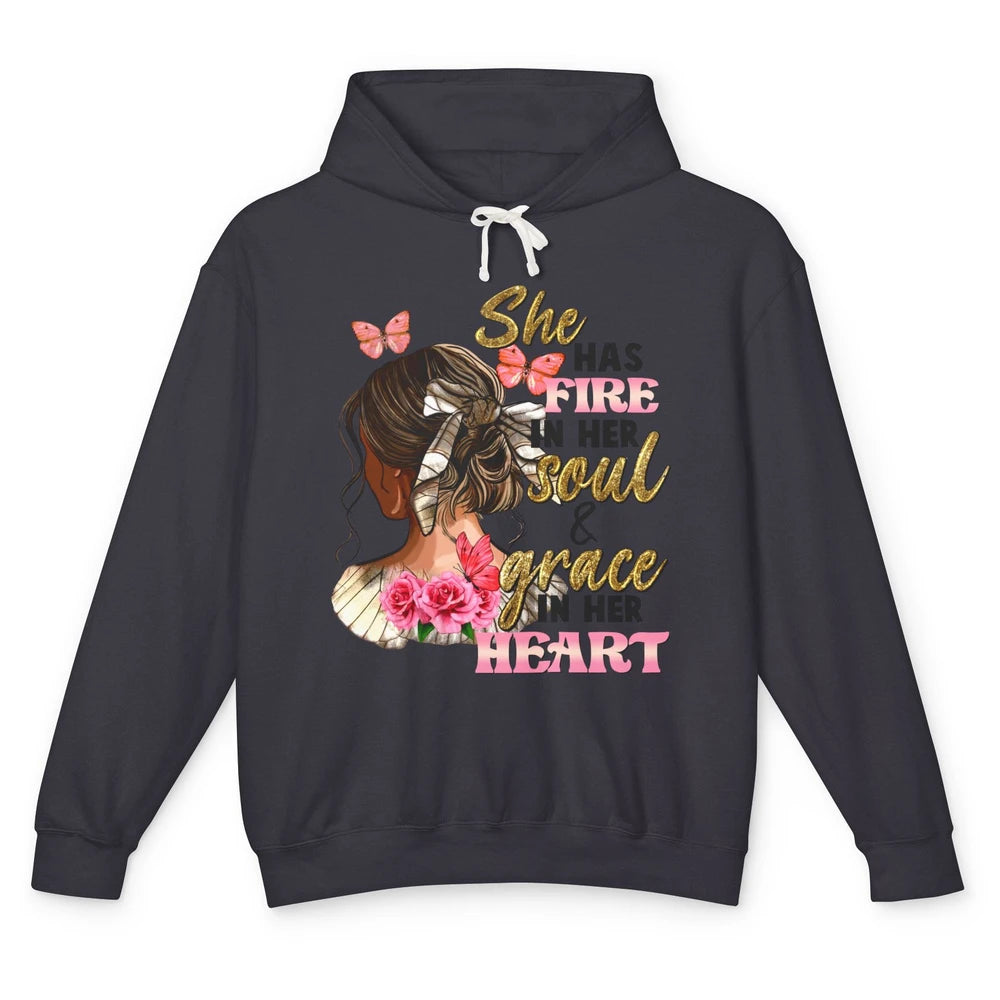 Messy Bun She Has Fire In Her Soul Grace In Heart Christian Unisex Lightweight Hoodie