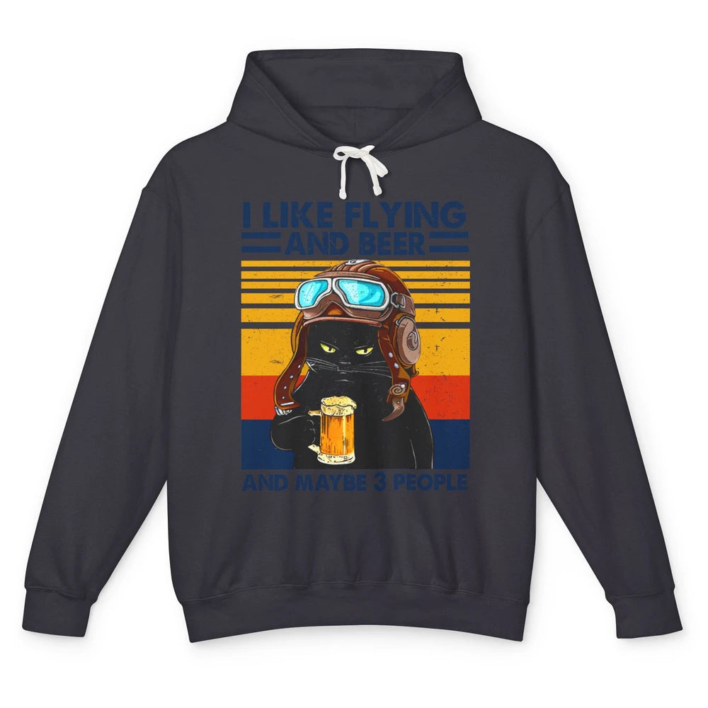 Funny Black Cat Skydiving I Like Flying Beer Maybe 3 People Unisex Lightweight Hoodie