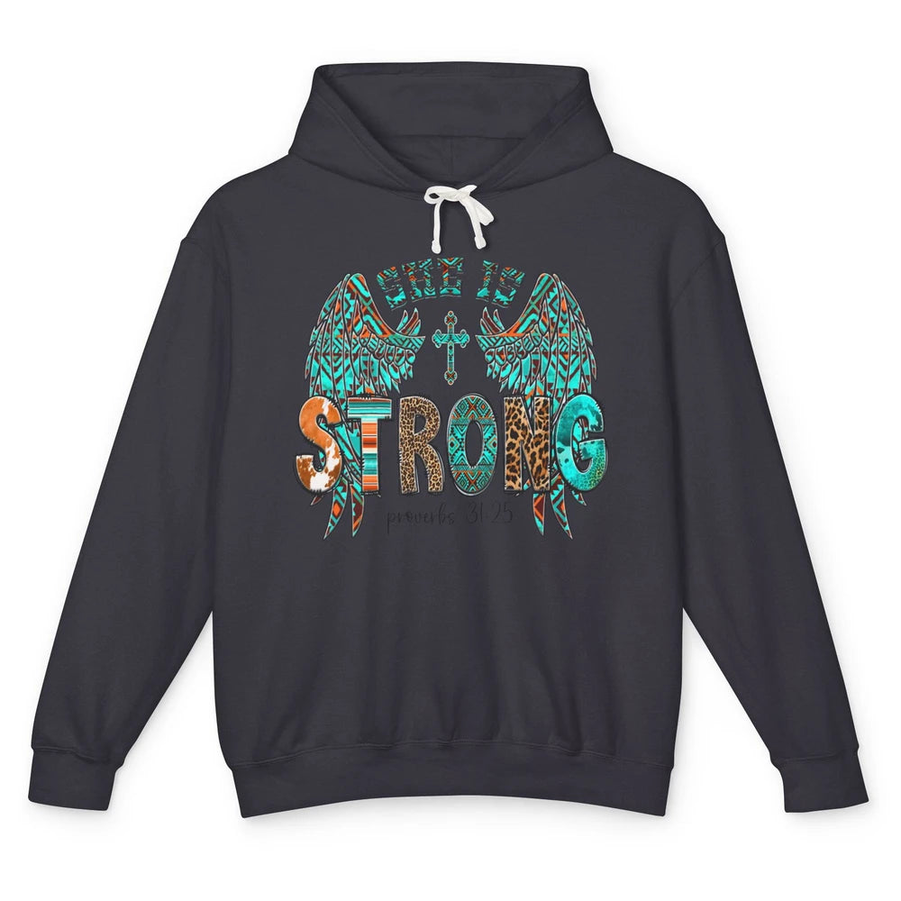 Leopard Turquoise Jesus Cross She Is Strong Bible Christian Unisex Lightweight Hoodie