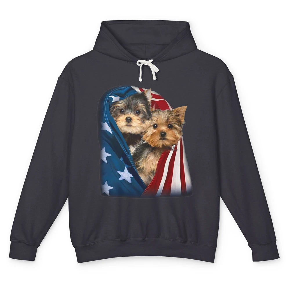 Yorkshire Terrier US Flag July 4th Patriotic Yorkie Puppies Unisex Lightweight Hoodie