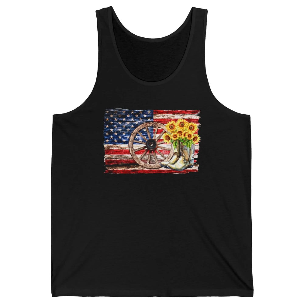 Retro US Flag Sunflower Cowgirl Boots Texas Cowboy Western Unisex Jersey Tank