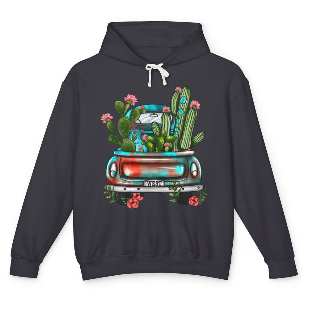 Turquoise Western Truck Desert Cactus Go West Western Gift Unisex Lightweight Hoodie