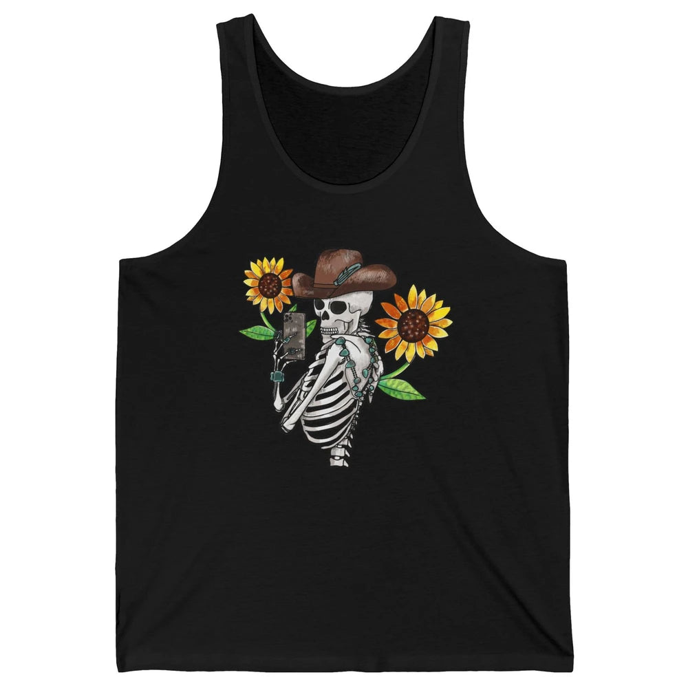 Western Cowboy Hat Skeleton Sunflower Funny Skeleton Selfie Unisex Jersey Tank