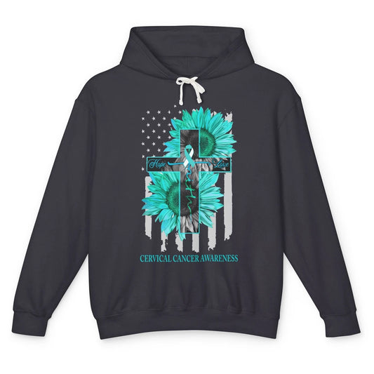 Cervical Cancer Faith Hope Turquoise US Flag Jesus Cross Unisex Lightweight Hoodie