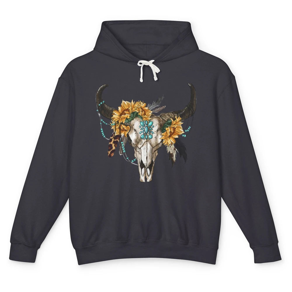 Retro Sunflower Boho Bull Skull Western Country Cowgirl Gift Unisex Lightweight Hoodie