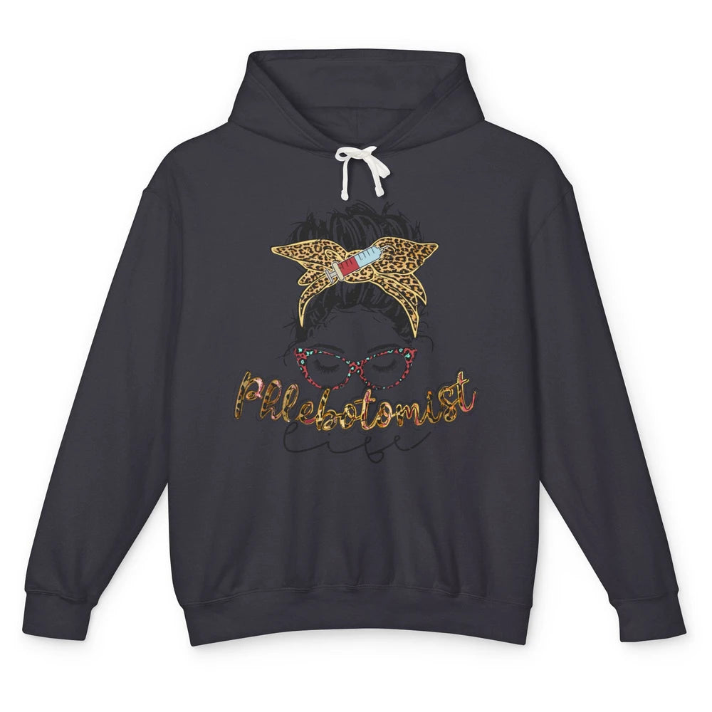 Retro Leopard Phlebotomist Life Messy Bun Mom Phlebotomy Unisex Lightweight Hoodie