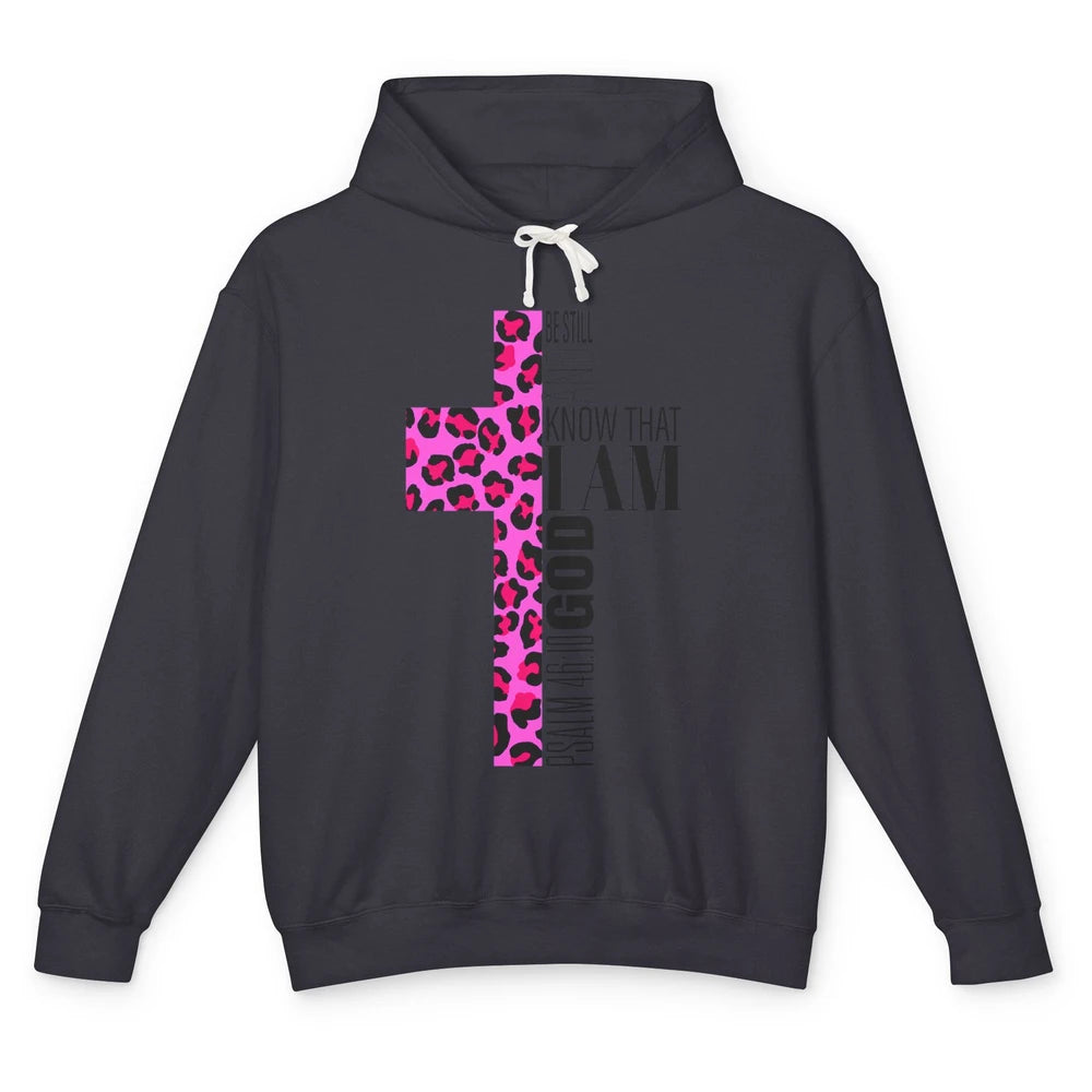 Religious Cute Be Still Bible Christian Pink Cheetah Cross Unisex Lightweight Hoodie