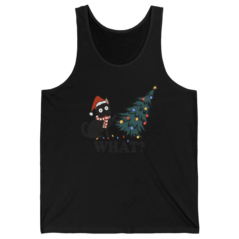 Funny Black Cat Pushing Christmas Tree What? Christmas Cat Unisex Jersey Tank