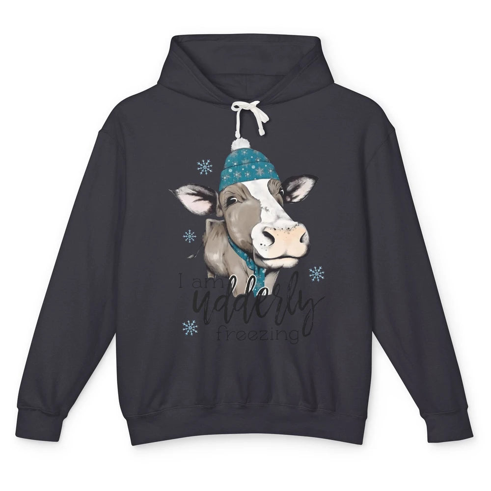 Funny Cow I'm Udderly Freezing Farmer Merry Christmas Winter Unisex Lightweight Hoodie